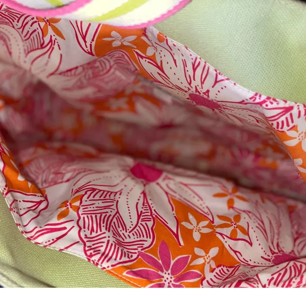 Lilly Pulitzer Green Pink Canvas‎ Tote Bag with Embroidered Palm Tree